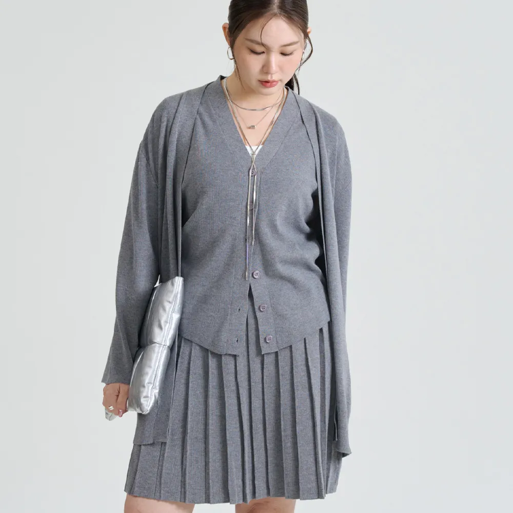 【M：MINb】兩件式V領針織背心外套組(灰色/中大尺碼女裝/XL女裝/大尺碼套裝/針織毛衣)