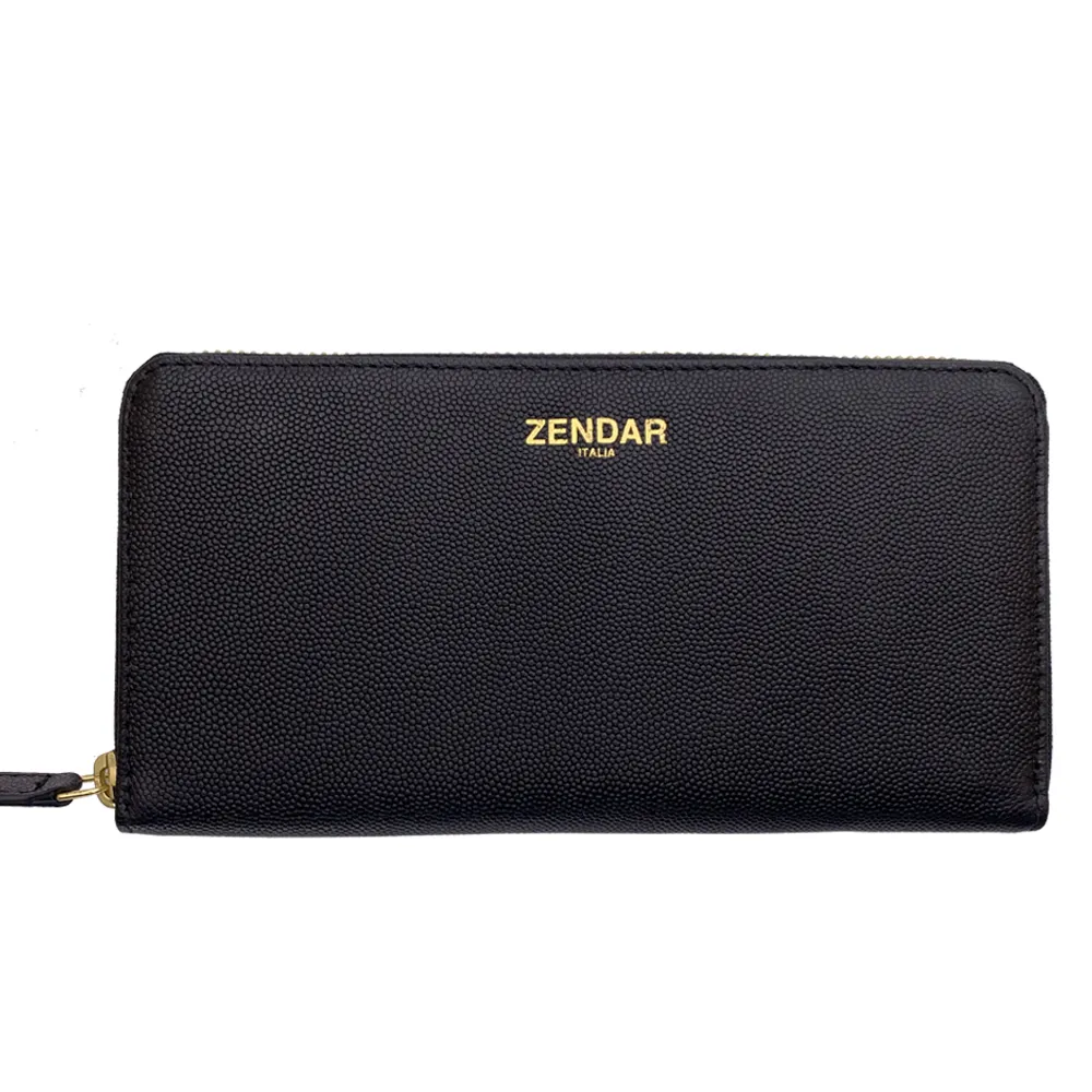 【ZENDAR】台灣總代理 限量1折 超柔軟頂級小羊皮荔枝紋拉鍊長夾 佩姬系列 全新專櫃展示品(黑色 送禮盒提袋)