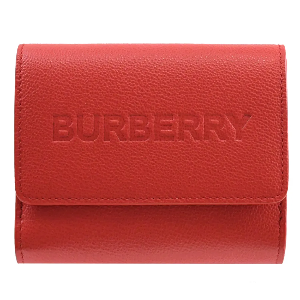【BURBERRY 巴寶莉】經典品牌烙印LOGO小牛皮雙面扣式零錢短夾(紅)