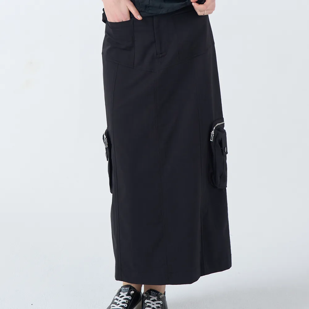 【Qiruo 奇若名品】側邊金屬拉鍊口袋 彈性拉鍊式黑色休閒長裙3211B
