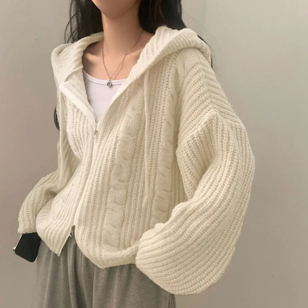 【D.studio】韓版寬鬆麻花連帽針織外套(毛衣針織上衣冬天女裝衣服保暖外套 保暖上衣冬天外套長袖上衣J414)