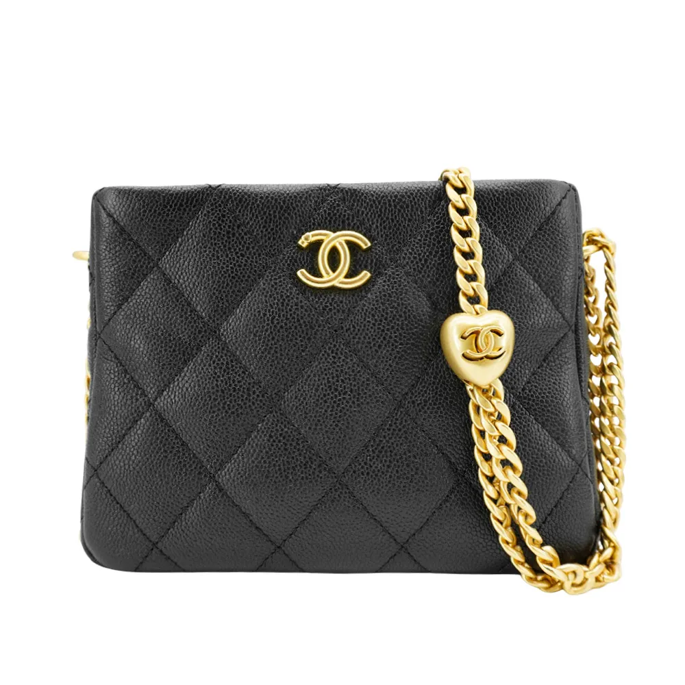 【CHANEL 香奈兒】Hobo 粒紋牛皮金釦愛心調節斜背包(AS3830-黑)
