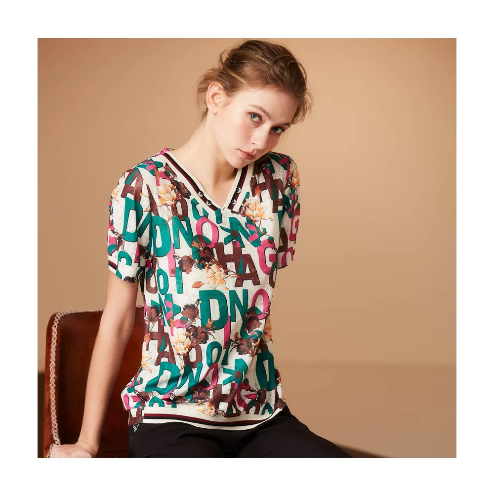 【LUNG.L 林佳樺】LS65A 綠色英文字母印圖V領短袖女裝上衣(春夏新品)
