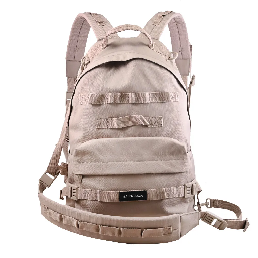 【Balenciaga 巴黎世家】Army 品牌LOGO混紡軍風帆布多功能後背包(沙色)