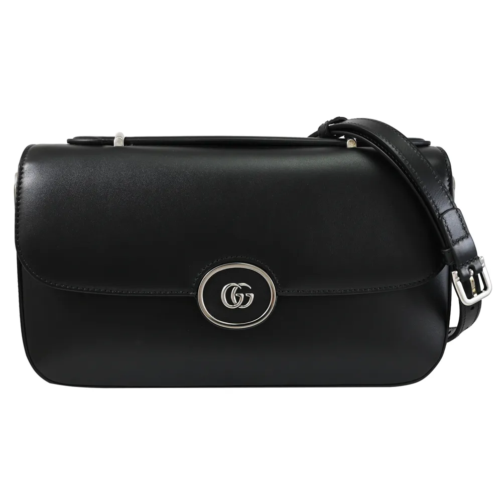 【GUCCI 古馳】Petite GG 金屬雙G LOGO壓扣翻蓋手提兩用包(黑 大)