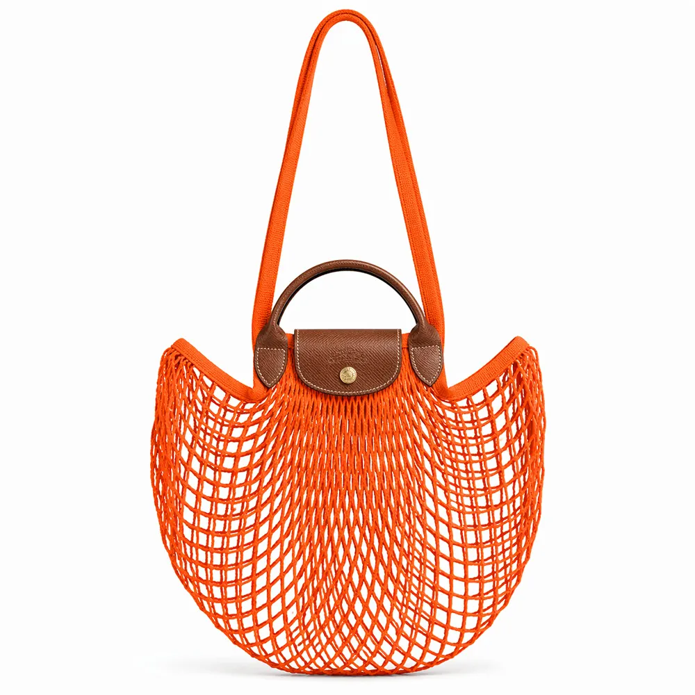【LONGCHAMP】LE PLIAGE FILET系列網狀棉質手提/肩背兩用包(大/柳橙)