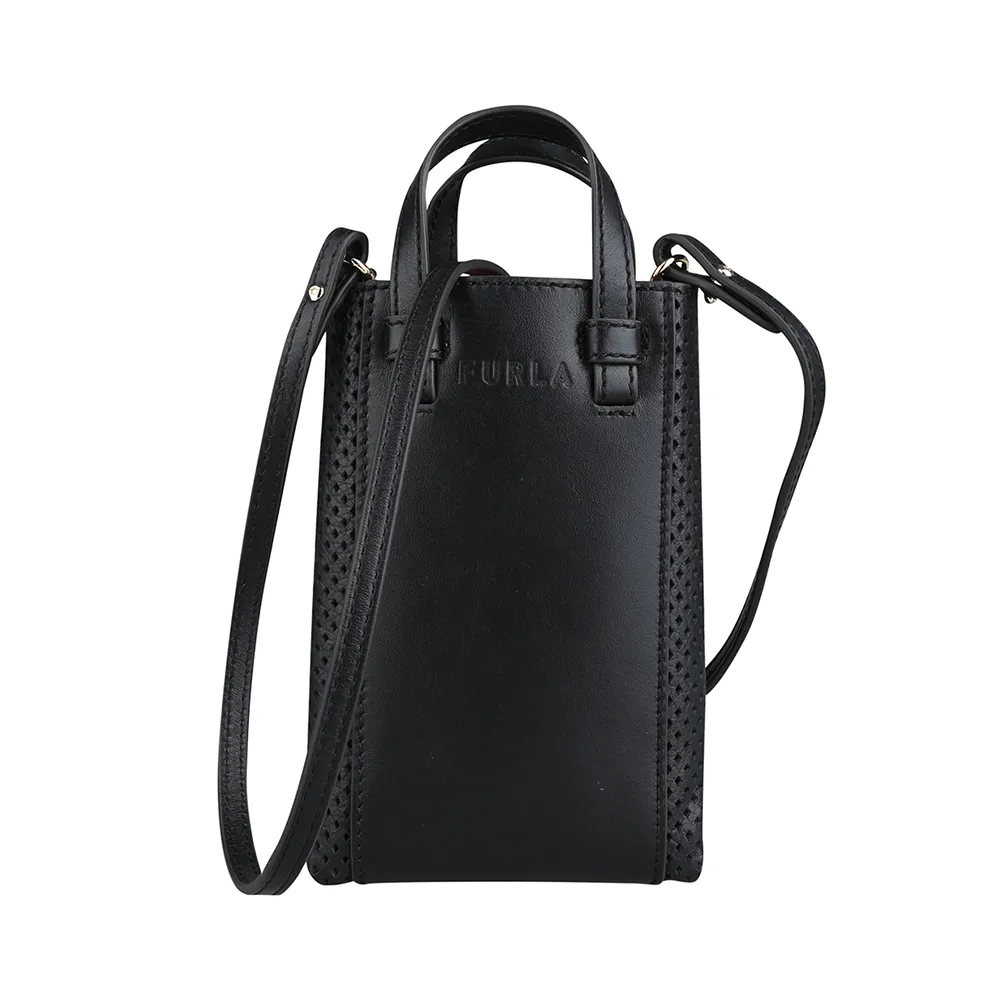【FURLA 芙拉】MIASTELLA VERTICAL全皮壓紋直立式手提斜背兩用包(MINI/黑)