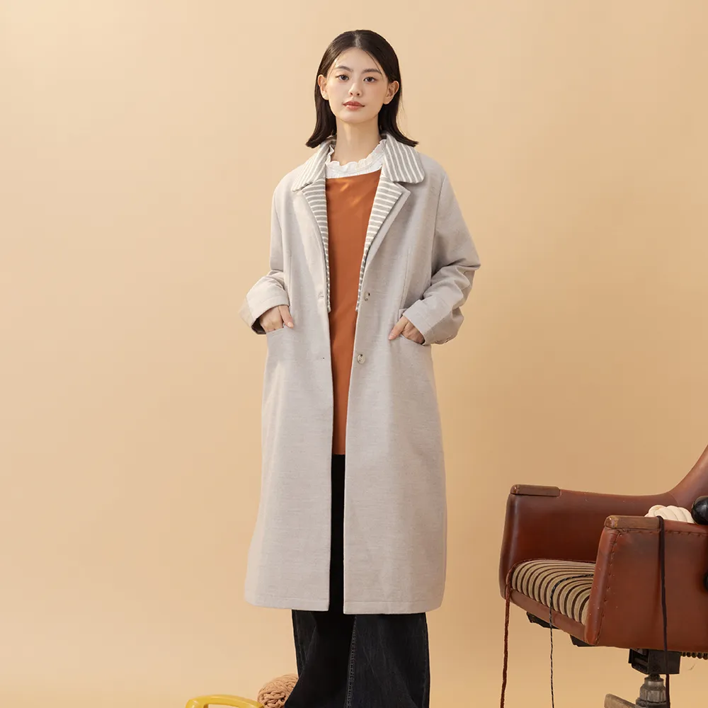 【MOSS CLUB】可拆式領片前毛呢西裝厚長版風衣(杏 灰/魅力商品)