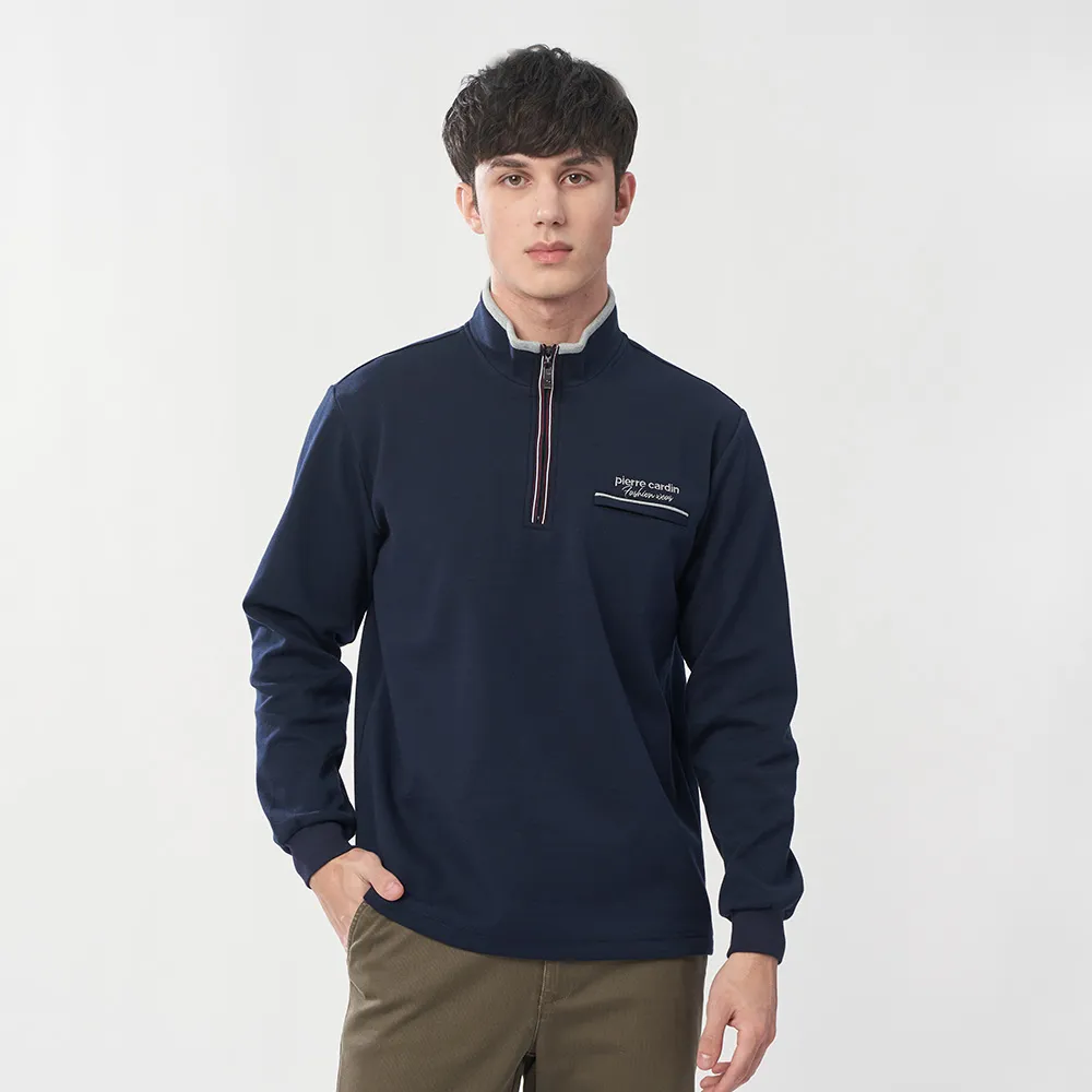 【pierre cardin 皮爾卡登】休閒服飾 男款 素色半高領拉鍊長袖上衣-丈青色(5245290-38)