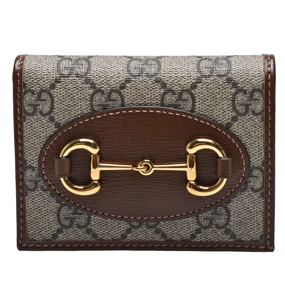 【GUCCI 古馳】經典Horsebit 1955系列Supreme帆布牛皮襯裡暗釦短夾(棕色621887-92TCG-8563)
