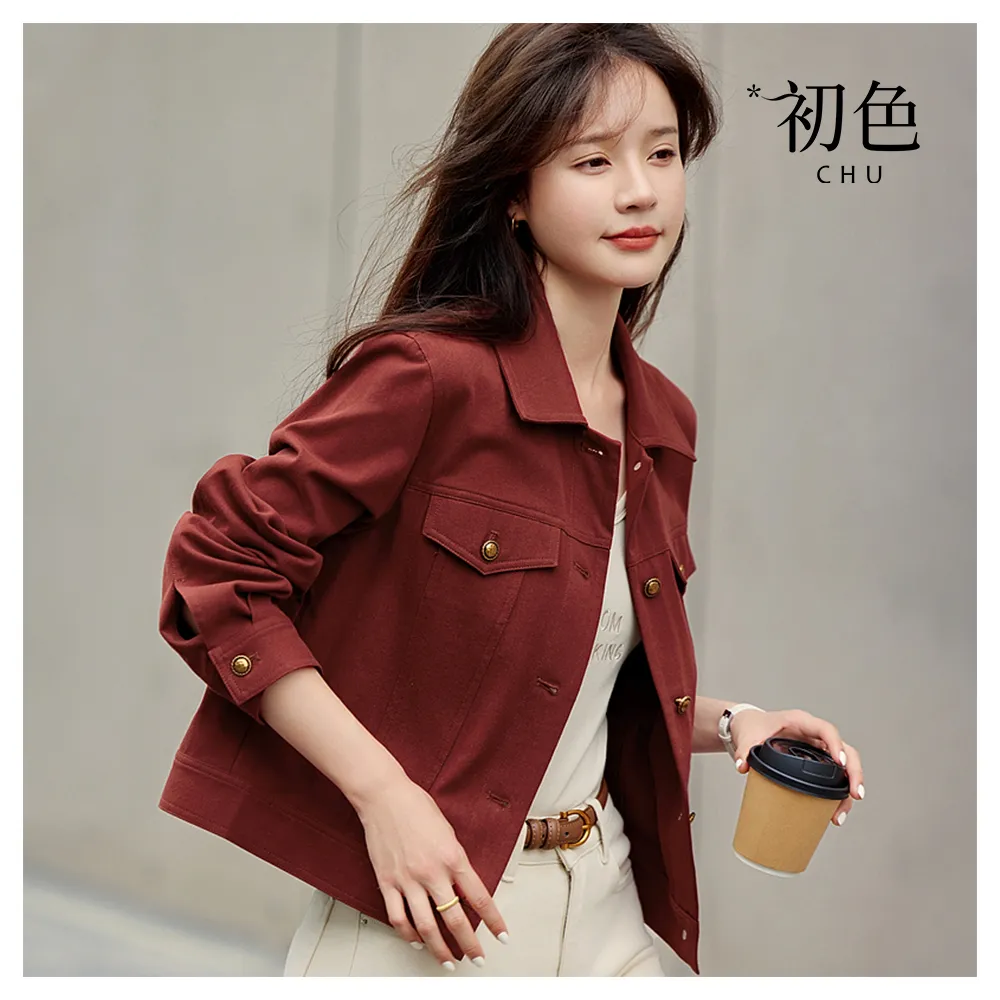 【初色】純色長袖短款工裝風翻領休閒外套女外套-紅色-38379(M-2XL可選)
