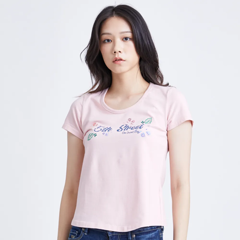 【5th STREET】雙11 女裝 短袖 短t 上衣 t恤 TEE 蝴蝶 logo 棉質 粉紅(570796)
