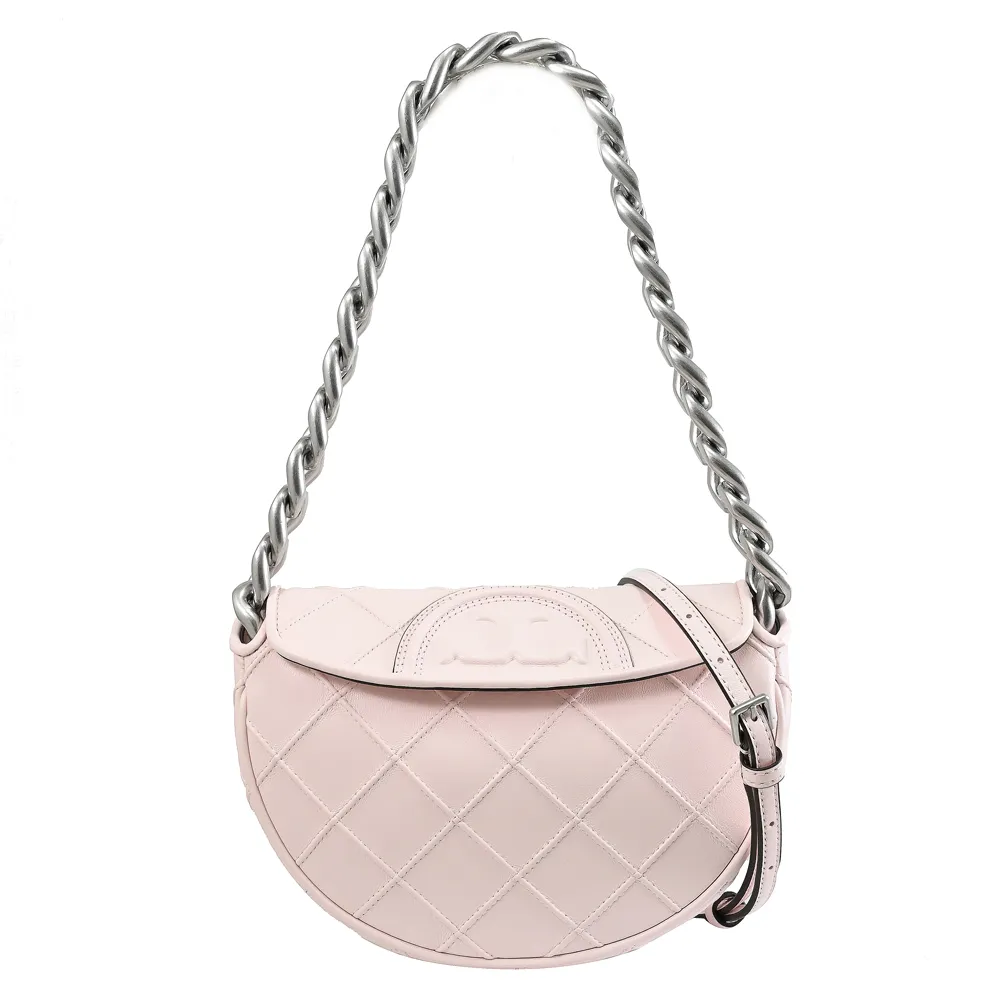 【TORY BURCH】Mini Fleming 經典雙T菱格車線翻蓋半月包兩用包(淡粉)