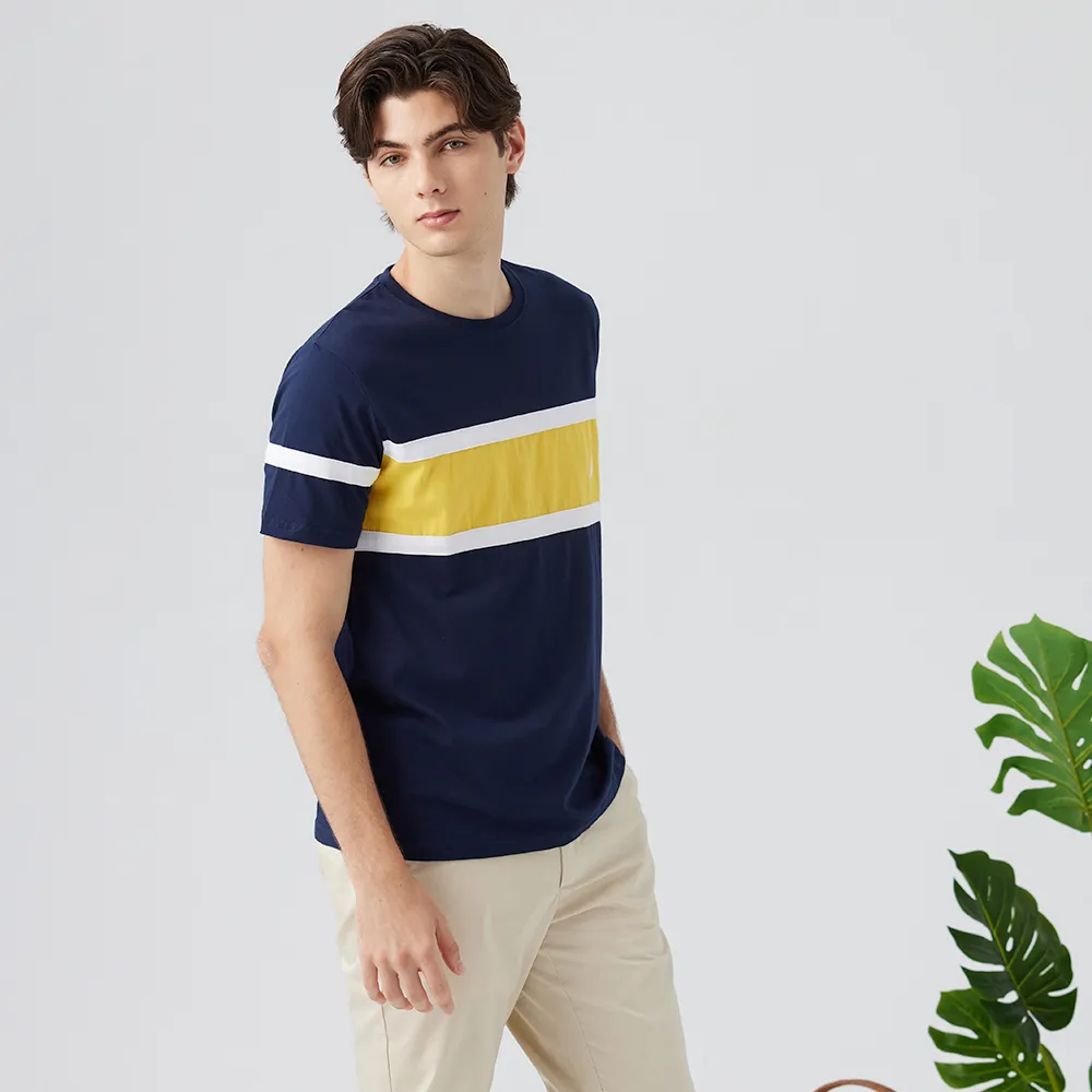 【NAUTICA】官方旗艦 男裝 潮流感跳色拼接條紋短袖T恤(藍色)