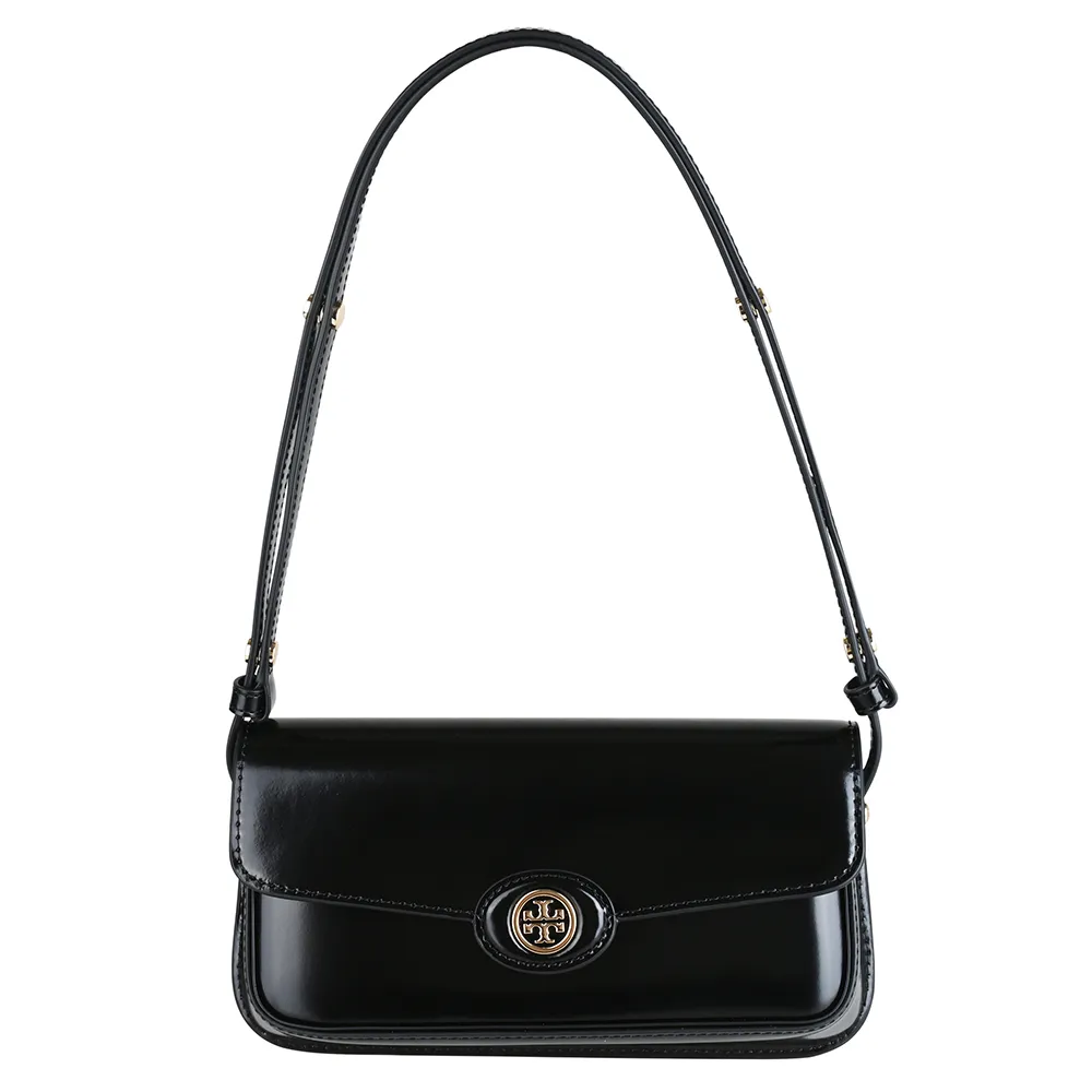 【TORY BURCH】TORY BURCH Robinson金色圓標標誌漆皮長方形肩背斜背包(黑)