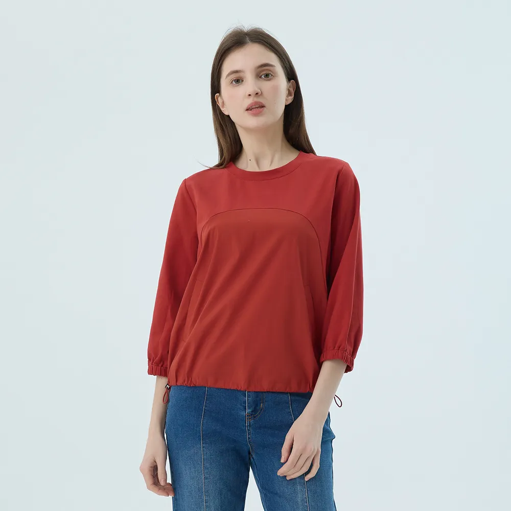 【Qiruo 奇若名品】雙布料拼接  素面七分袖紅長袖上衣7233A 
