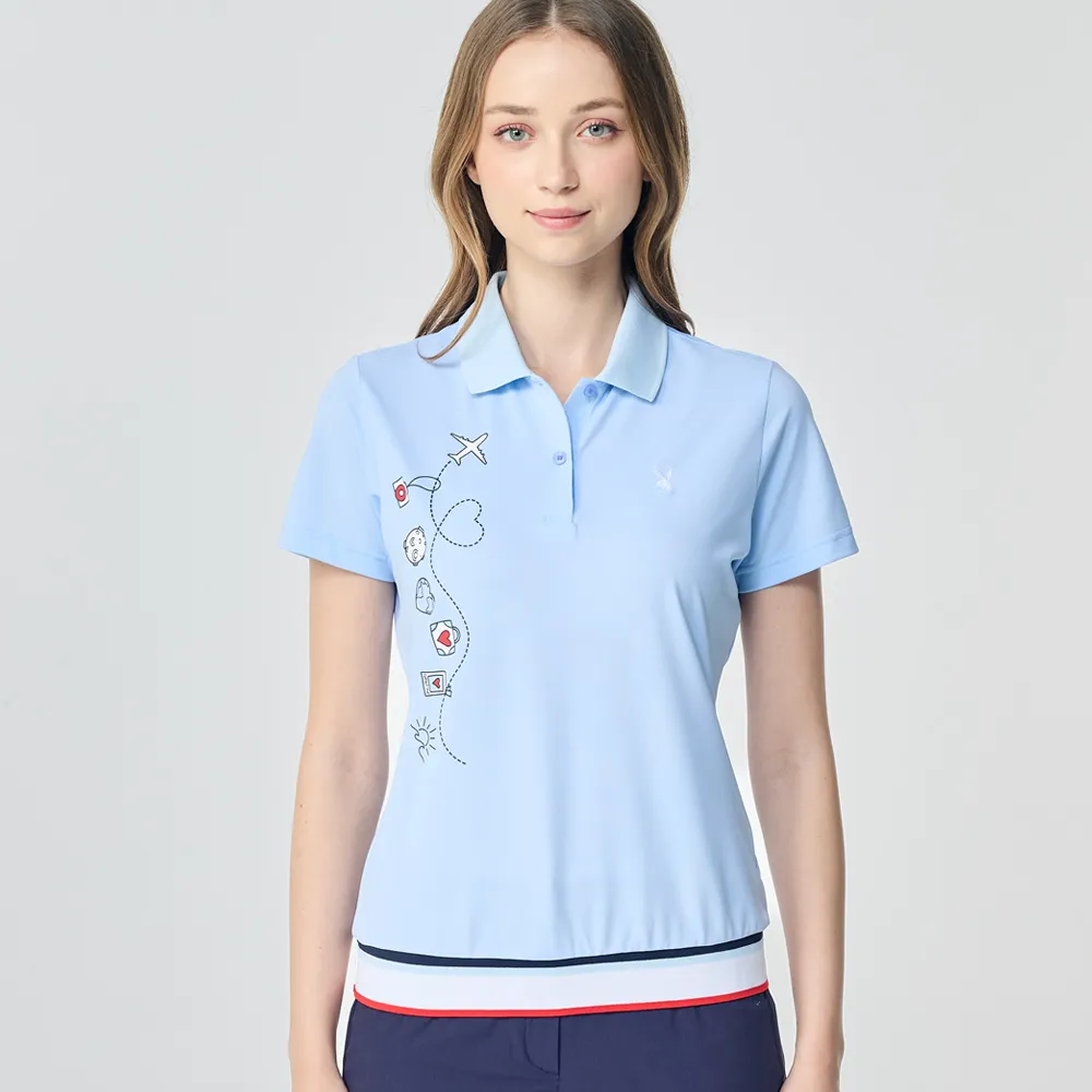 【PLAYBOY GOLF】女款旅行郵戳抗UV短袖POLO衫-藍(吸濕排汗/高爾夫球衫/KA26112-55)