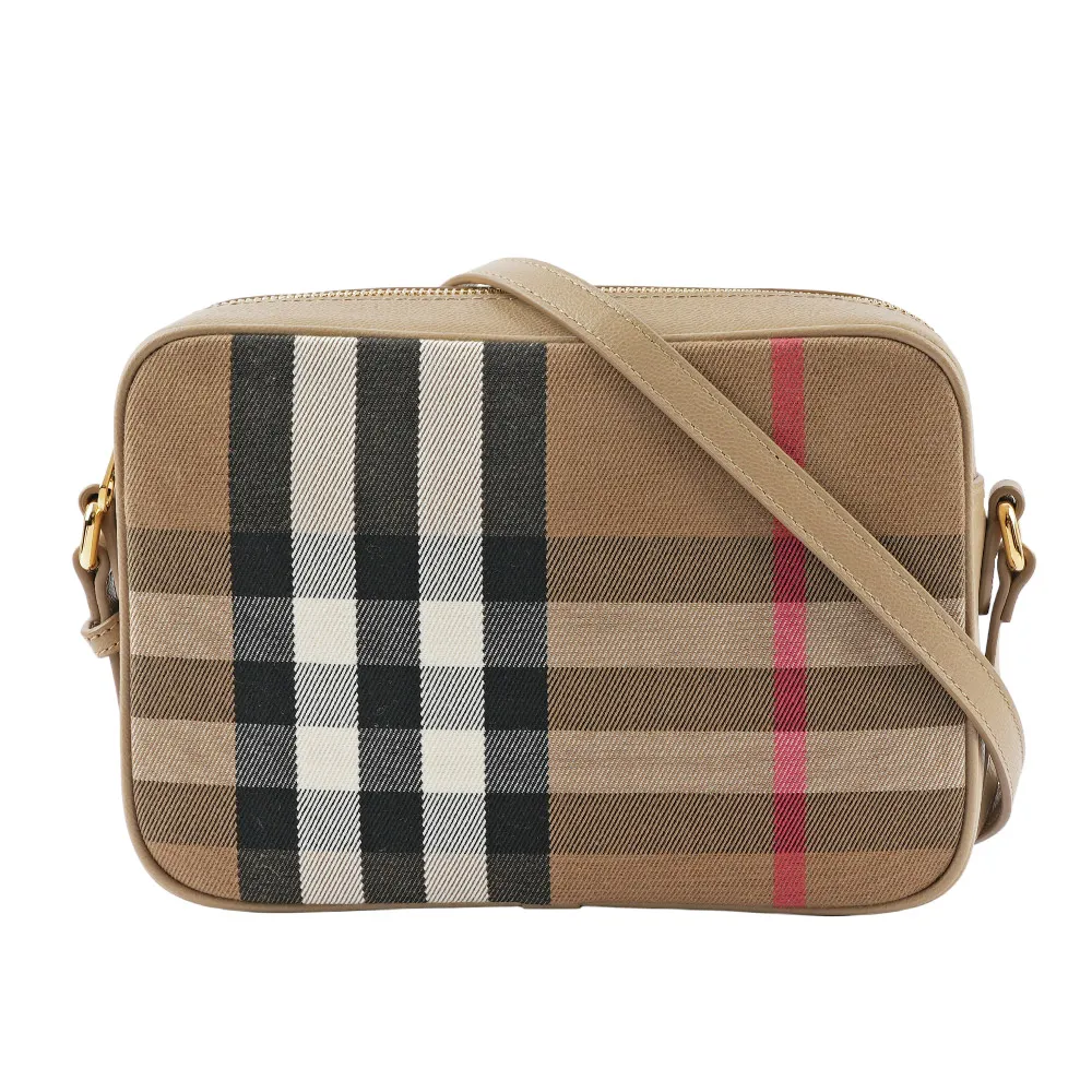 【BURBERRY 巴寶莉】經典深格紋及牛皮大款拉鍊相機包(栗子色)