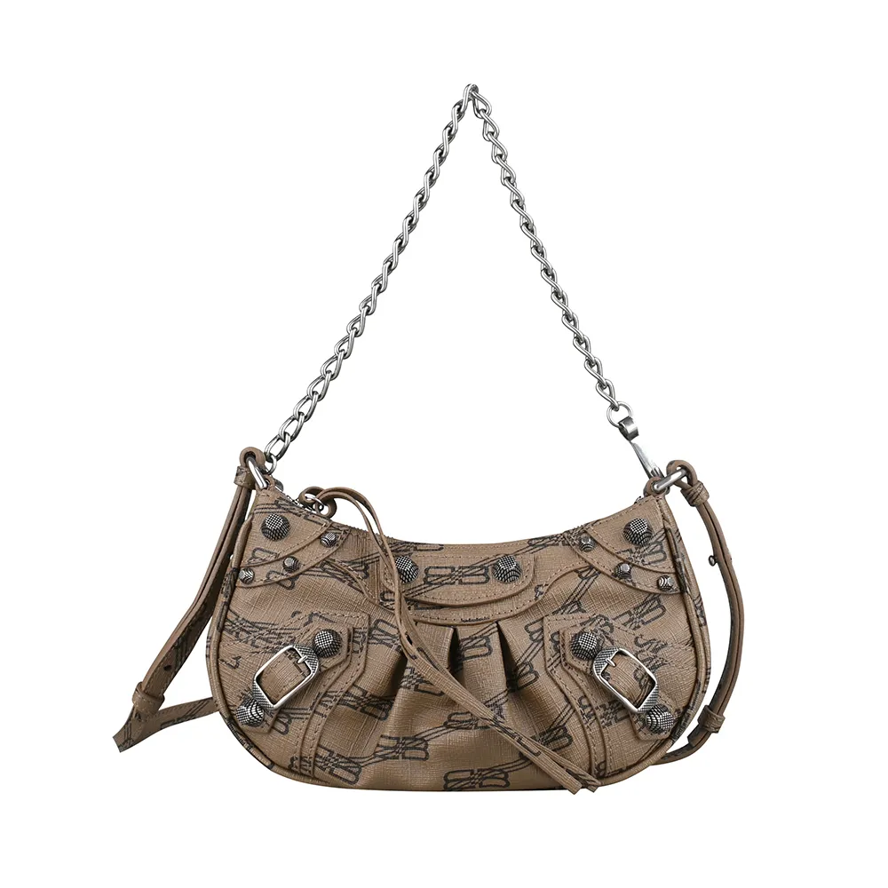 【Balenciaga 巴黎世家】BALENCIAGA Le Cagole 內壓印LOGO雙B造型PVC金屬釦飾鍊帶兩用包(迷你/淺咖啡)