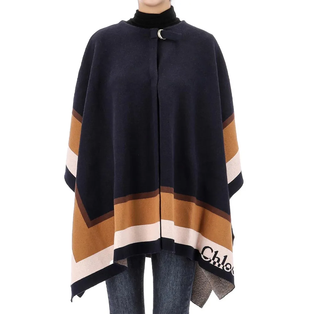 【Chloe’ 蔻依】kids系列雙色披肩棉羊毛斗篷披肩成人可穿C20315859(NAVY-12Y)