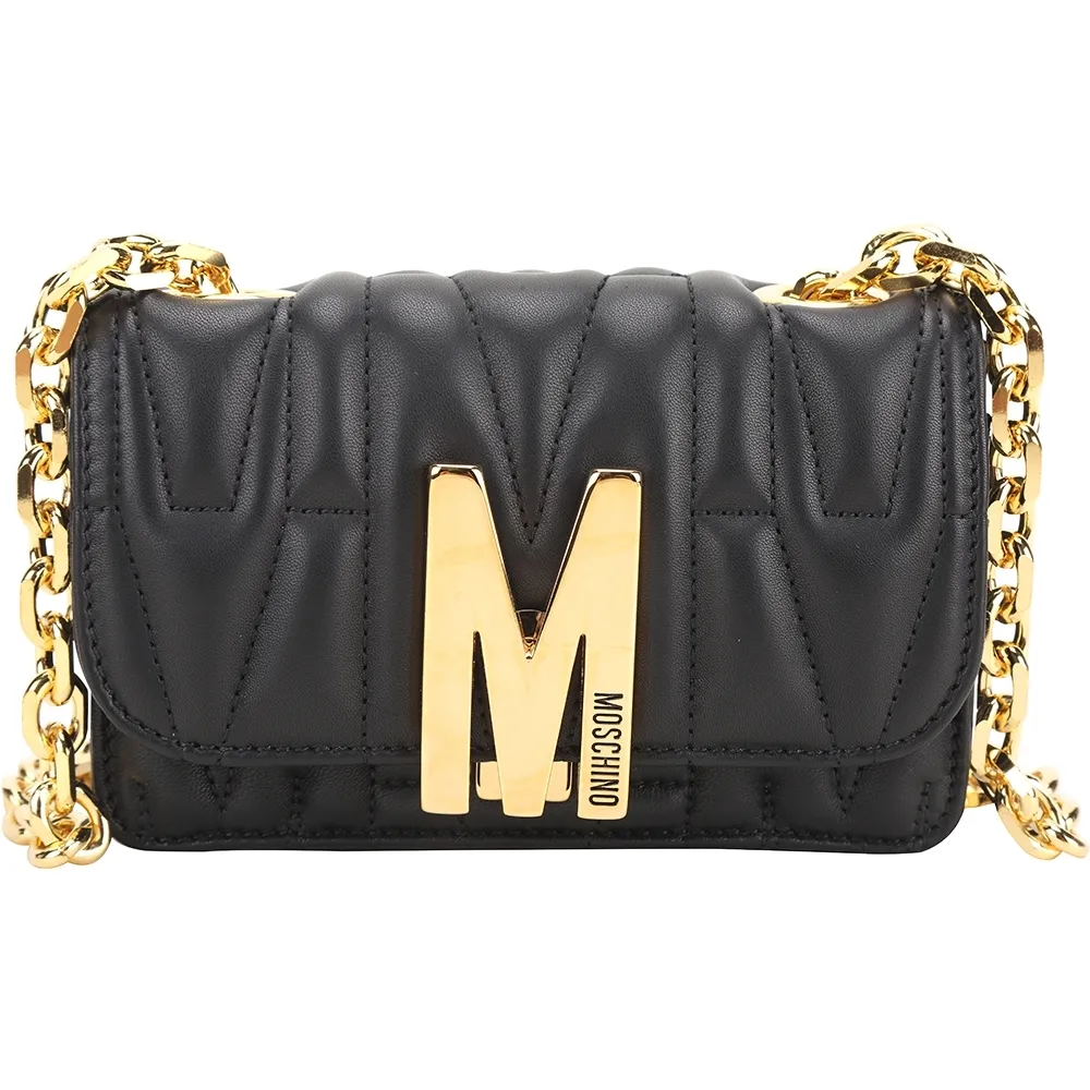 【MOSCHINO】M字衍縫牛皮迷你翻蓋斜背包(黑色 肩背 鍊帶包 鍊條包)