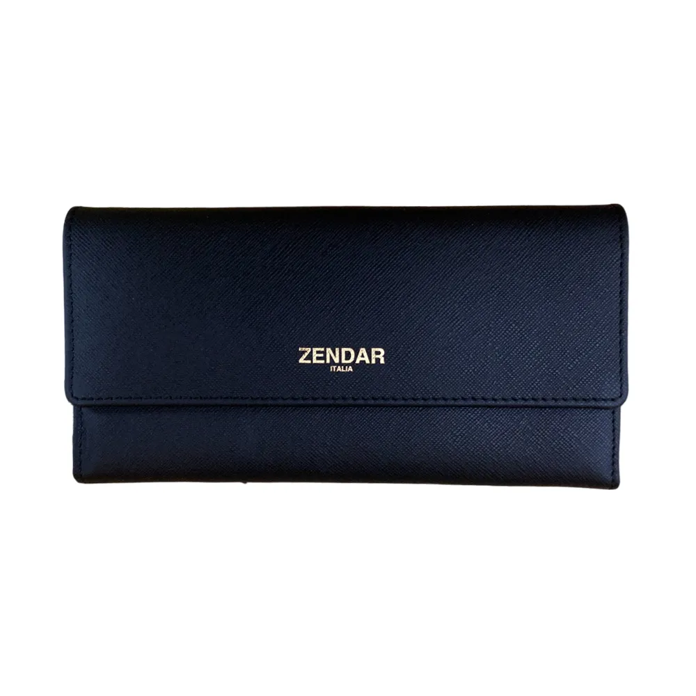 【ZENDAR】台灣總代理 限量1折 頂級小牛皮十字紋翻蓋長夾 米蘭系列 全新專櫃展示品(黑色 送禮盒提袋)