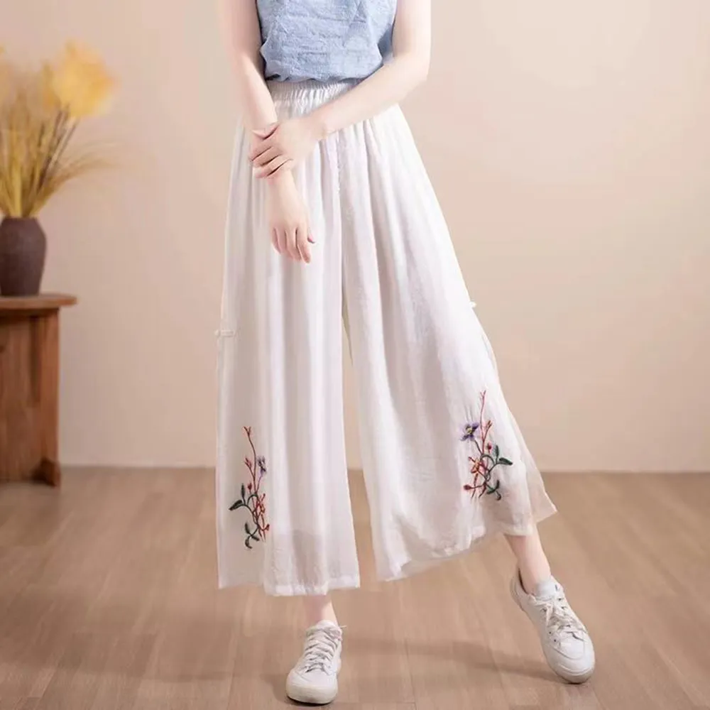 【ACheter】雙層中國風腳口繡花九分闊腿鬆緊高腰復古文藝寬鬆薄款涼涼長褲#122698(白/黑/粉/杏/紫)